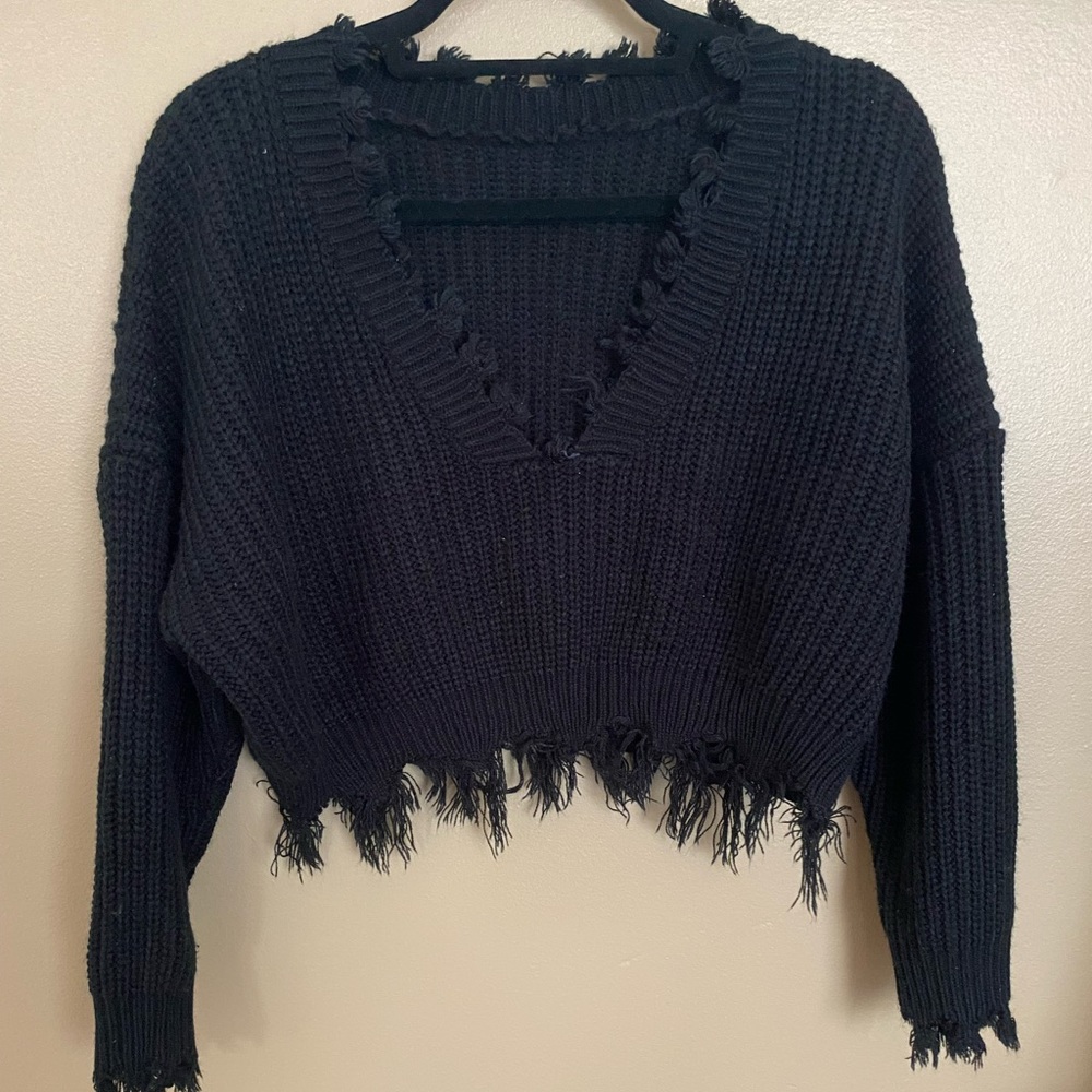 Black Fringe Crop Top Sweater